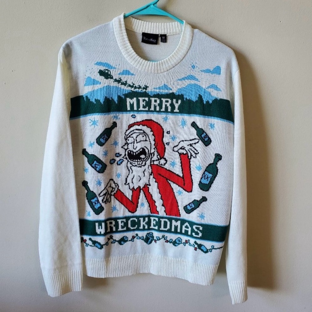 Rick and Morty Mens Merry Wreckedmas Ugly Christmas Sweater Size Medium